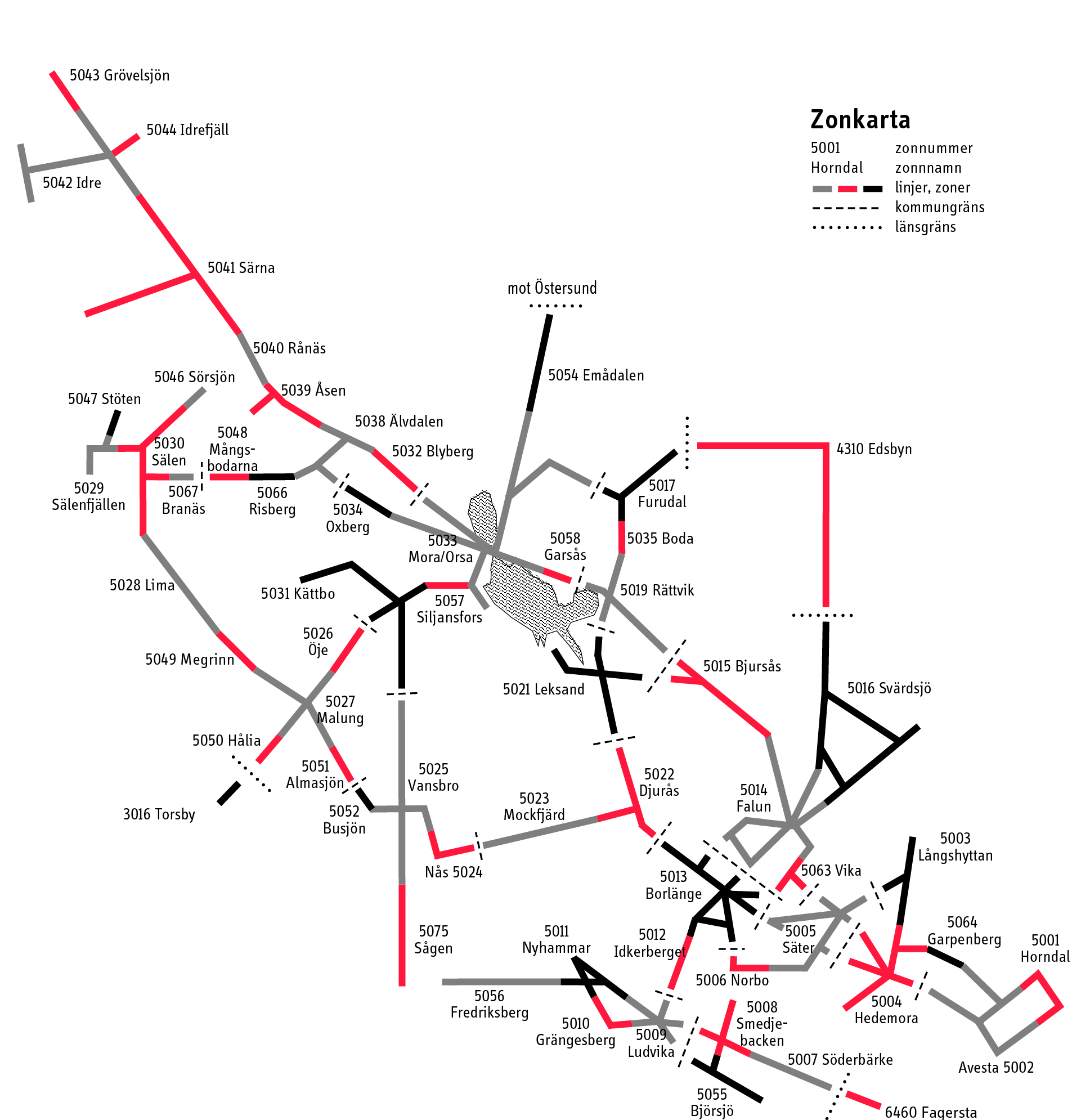 Kartbild över Dalatrafiks zoner